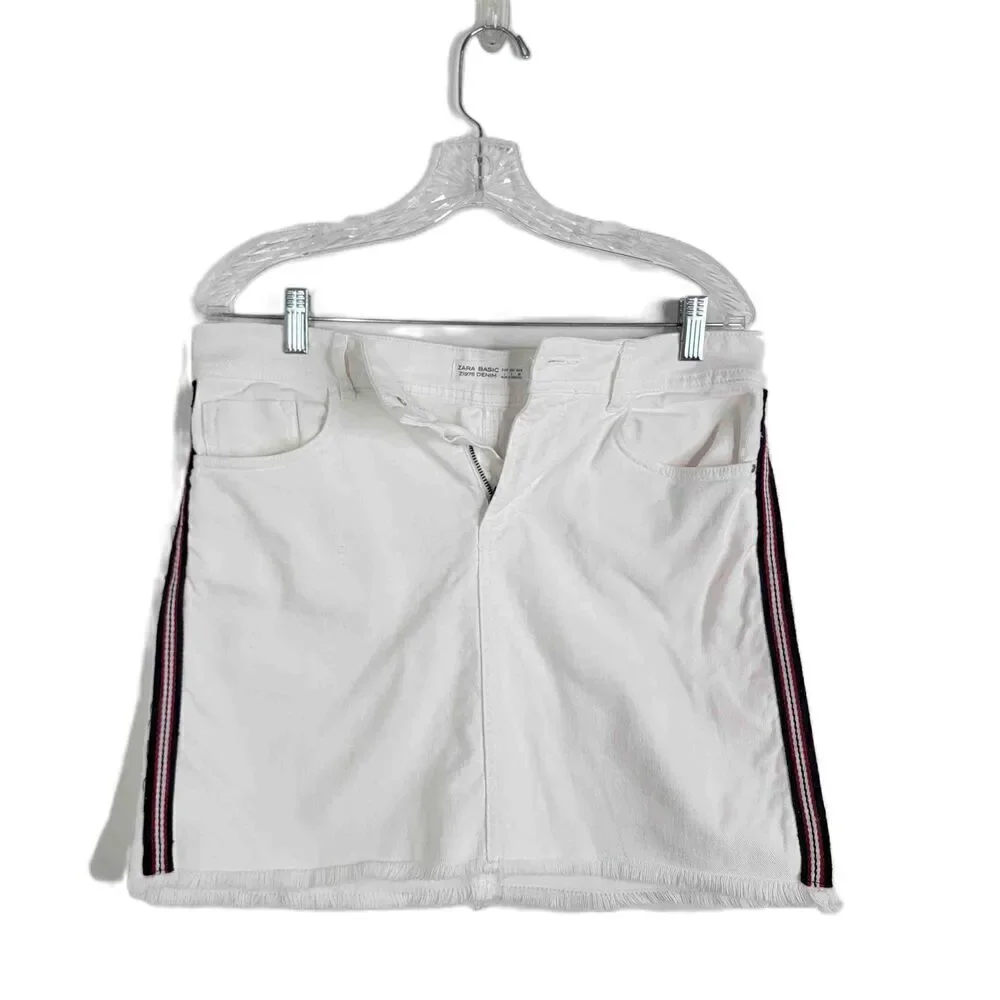 Zara Basic White Denim Mini Skirt Side Stripes Front Pockets Belt Loops Large
